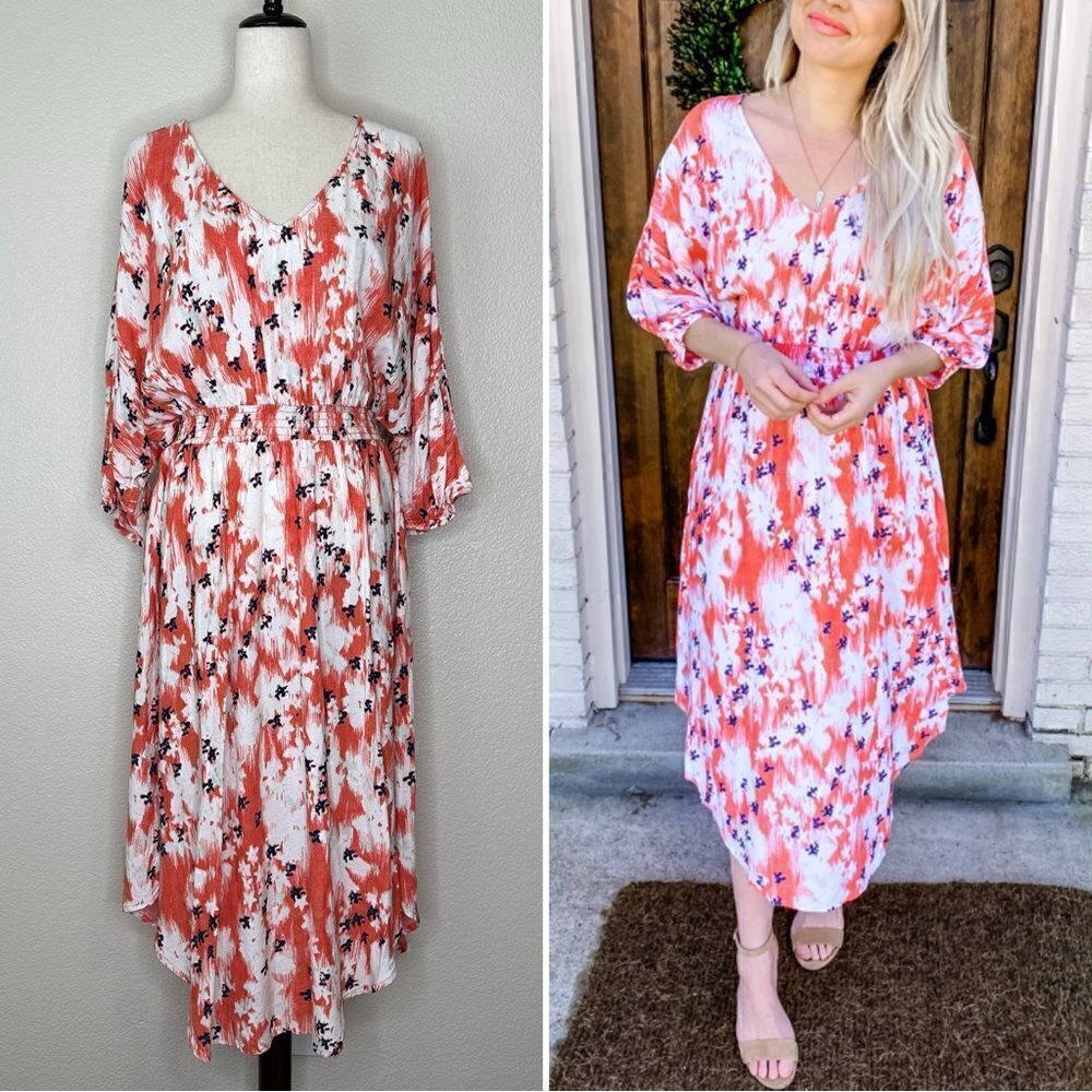 Time and Tru Floral Woven Smocked Waist Midi Dress, Sz Large